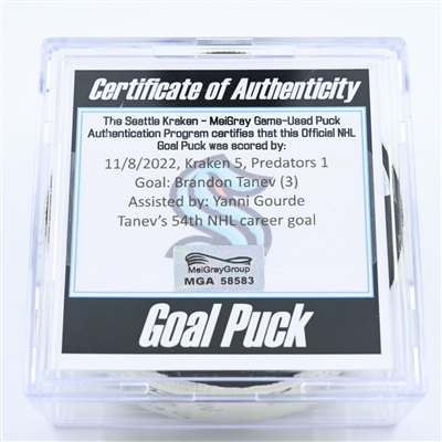 Brandon Tanev - Seattle Kraken - Goal Puck - November 8, 2022 vs. Nashville Predators (Kraken Logo) 