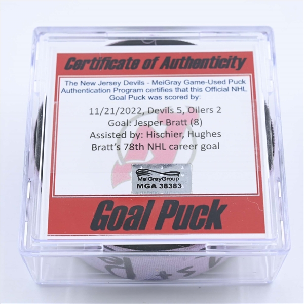 Jesper Bratt - New Jersey Devils - Goal Puck - November 21, 2022 vs. Edmonton Oilers (Devils 40th Anniversary Logo) 