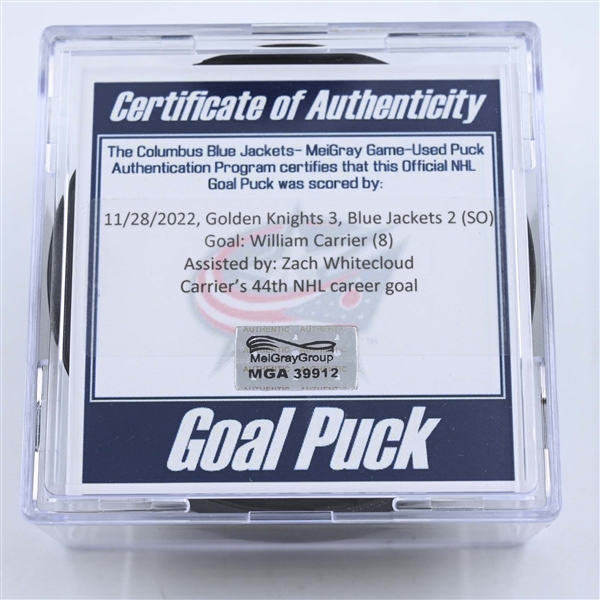 William Carrier - Vegas Golden Knights - Goal Puck - November 28, 2022 vs. Columbus Blue Jackets (Blue Jackets Logo) 