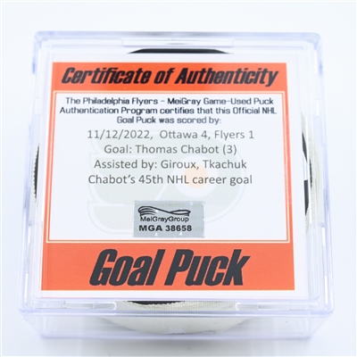 Thomas Chabot - Ottawa Senators - Goal Puck - November 12, 2022 vs. Philadelphia Flyers (Flyers Logo) 