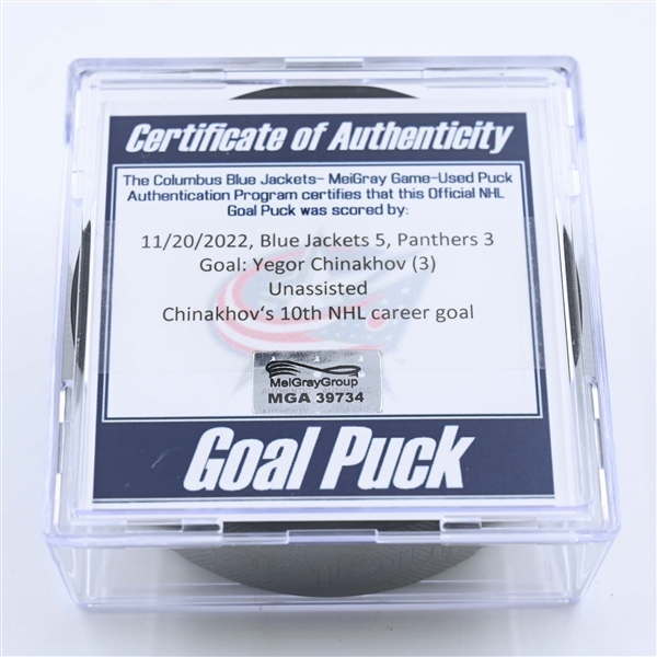 Yegor Chinakhov - Columbus Blue Jackets - Goal Puck - November 20, 2022 vs. Florida Panthers (Blue Jackets Logo) 