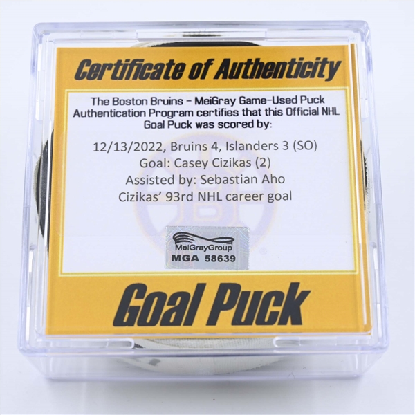 Casey Cizikas - New York Islanders - Goal Puck - December 13, 2022 vs. Boston Bruins (Bruins Logo) 