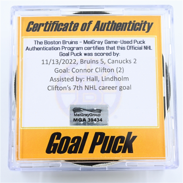 Connor Clifton - Boston Bruins - Goal Puck - November 13, 2022 vs. Vancouver Canucks (Bruins Logo) 