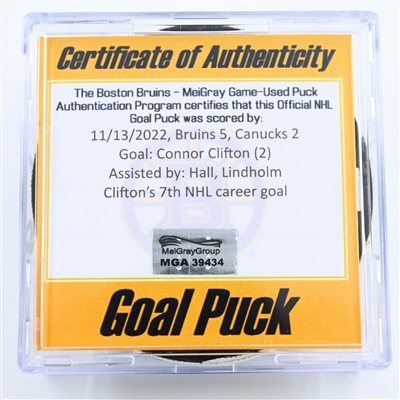 Connor Clifton - Boston Bruins - Goal Puck - November 13, 2022 vs. Vancouver Canucks (Bruins Logo) 