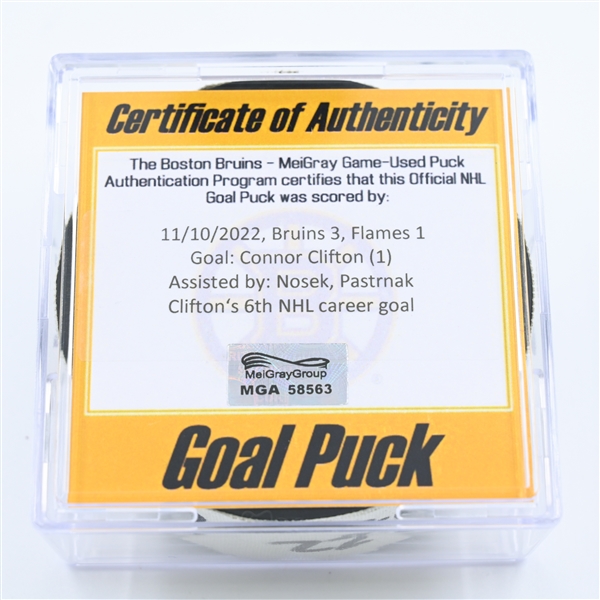 Connor Clifton - Boston Bruins - Goal Puck - November 10, 2022 vs. Calgary Flames (Bruins Logo)