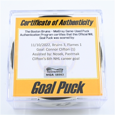 Connor Clifton - Boston Bruins - Goal Puck - November 10, 2022 vs. Calgary Flames (Bruins Logo)