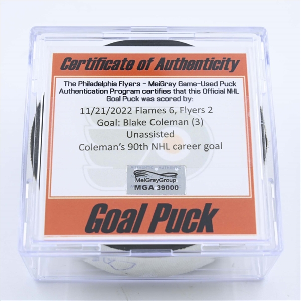 Blake Coleman - Calgary Flames - Goal Puck - November 21, 2022 vs. Philadelphia Flyers (Flyers Logo) 