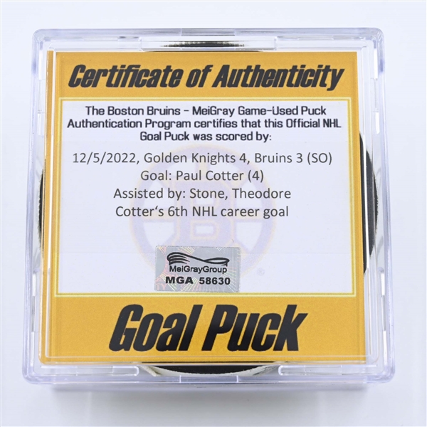 Paul Cotter - Vegas Golden Knights - Goal Puck - December 5, 2022 vs. Boston Bruins (Bruins Logo) 