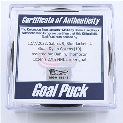 Dylan Cozens - Buffalo Sabres - Goal Puck - December 7, 2022 vs. Columbus Blue Jackets (Blue Jackets Logo) 