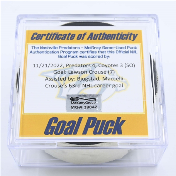 Lawson Crouse - Arizona Coyotes - Goal Puck - November 21, 2022 vs. Nashville Predators (Predators Logo) 