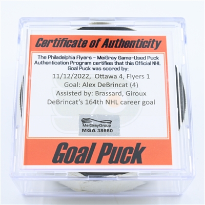 Alex DeBrincat - Ottawa Senators - Goal Puck - November 12, 2022 vs. Philadelphia Flyers (Flyers Logo) 