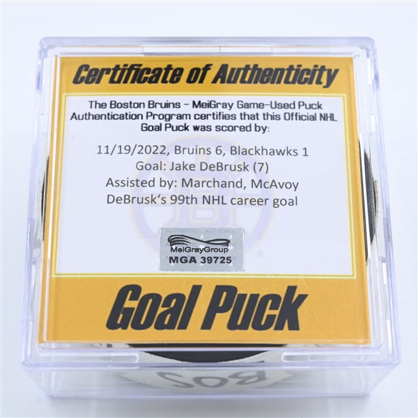 Jake DeBrusk - Boston Bruins - Goal Puck - November 19, 2022 vs. Chicago Blackhawks (Bruins Logo) 