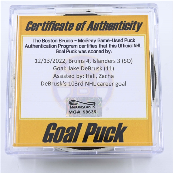 Jake DeBrusk - Boston Bruins - Goal Puck - December 13, 2022 vs. New York Islanders (Bruins Logo) 