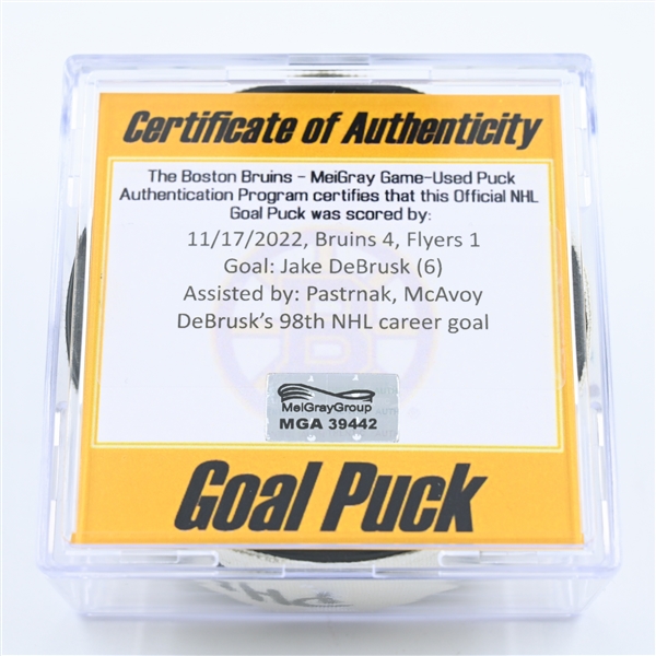 Jake DeBrusk - Boston Bruins - Goal Puck - November 17, 2022 vs. Philadelphia Flyers (Bruins Logo) 