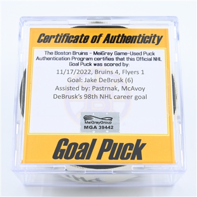 Jake DeBrusk - Boston Bruins - Goal Puck - November 17, 2022 vs. Philadelphia Flyers (Bruins Logo) 