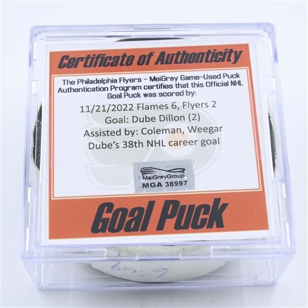 Dillon Dube - Calgary Flames - Goal Puck - November 21, 2022 vs. Philadelphia Flyers (Flyers Logo) 