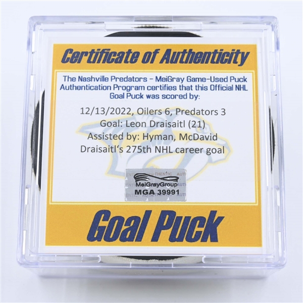 Leon Draisaitl - Edmonton Oilers - Goal Puck - December 13, 2022 vs. Nashville Predators (Predators Logo) 