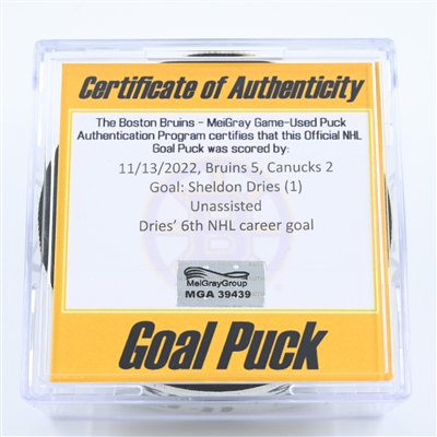Sheldon Dries - Vancouver Canucks - Goal Puck - November 13, 2022 vs. Boston Bruins (Bruins Logo) 