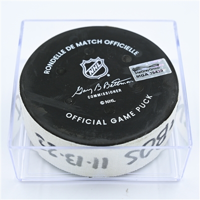 Sheldon Dries - Vancouver Canucks - Goal Puck - November 13, 2022 vs. Boston Bruins (Bruins Logo) 