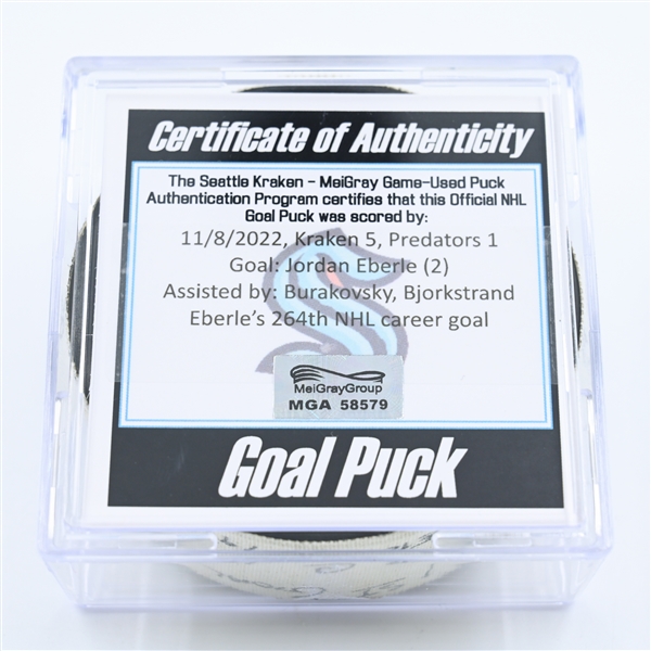 Jordan Eberle - Seattle Kraken - Goal Puck - November 8, 2022 vs. Nashville Predators (Kraken Logo) 