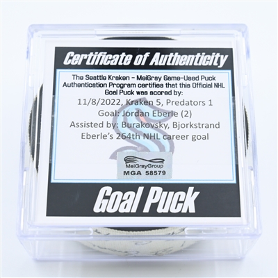 Jordan Eberle - Seattle Kraken - Goal Puck - November 8, 2022 vs. Nashville Predators (Kraken Logo) 
