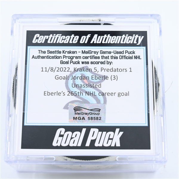Jordan Eberle - Seattle Kraken - Goal Puck - November 8, 2022 vs. Nashville Predators (Kraken Logo) 