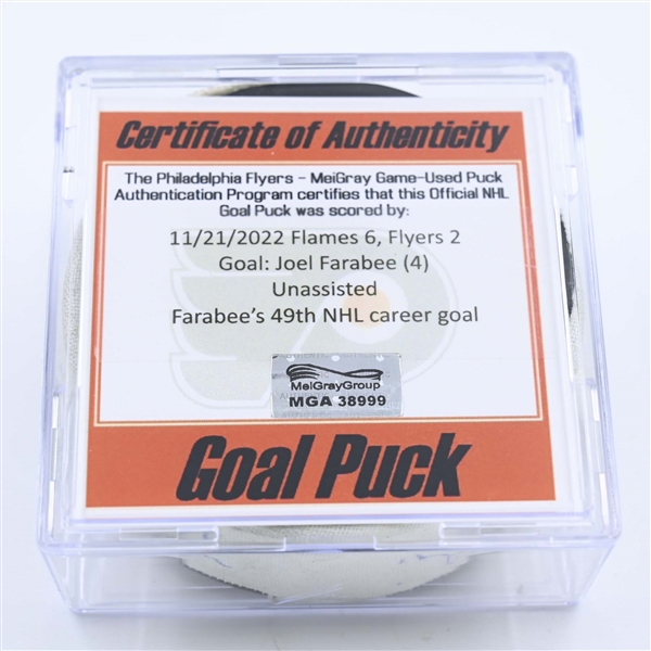 Joel Farabee - Philadelphia Flyers - Goal Puck - November 21, 2022 vs. Calgary Flames (Flyers Logo) 