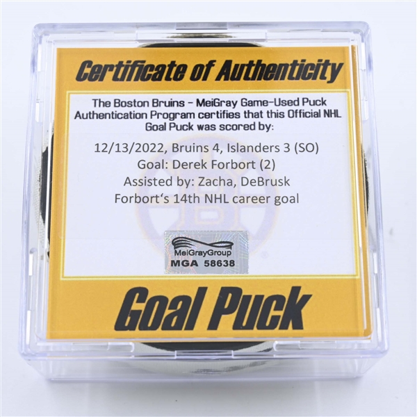 Derek Forbort - Boston Bruins - Goal Puck - December 13, 2022 vs. New York Islanders (Bruins Logo) 