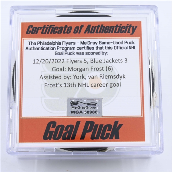 Morgan Frost - Philadelphia Flyers - Goal Puck - December 20, 2022 vs. Columbus Blue Jackets (Flyers Logo) 