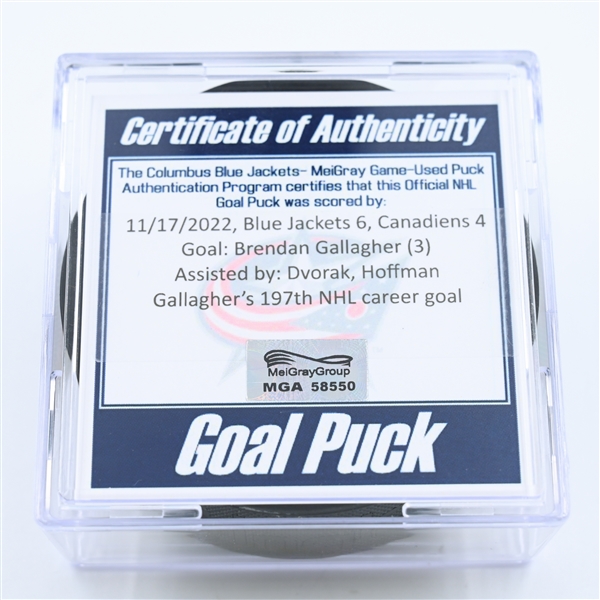 Brendan Gallagher - Montreal Canadiens - Goal Puck - November 17, 2022 vs. Columbus Blue Jackets (Blue Jackets Logo) 