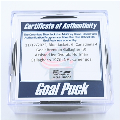 Brendan Gallagher - Montreal Canadiens - Goal Puck - November 17, 2022 vs. Columbus Blue Jackets (Blue Jackets Logo) 
