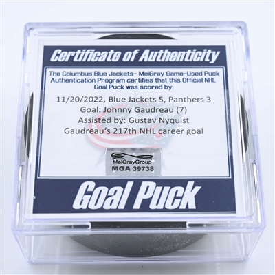 Johnny Gaudreau - Columbus Blue Jackets - Goal Puck - November 20, 2022 vs. Florida Panthers (Blue Jackets Logo) 