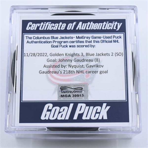 Johnny Gaudreau - Columbus Blue Jackets - Goal Puck - November 28, 2022 vs. Vegas Golden Knights (Blue Jackets Logo) 