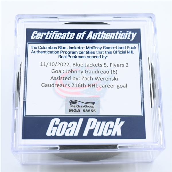 Johnny Gaudreau - Columbus Blue Jackets - Goal Puck - November 10, 2022 vs. Philadelphia Flyers (Blue Jackets Logo)