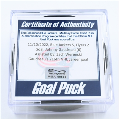 Johnny Gaudreau - Columbus Blue Jackets - Goal Puck - November 10, 2022 vs. Philadelphia Flyers (Blue Jackets Logo)