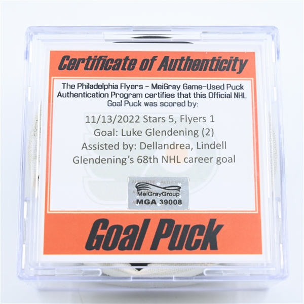 Luke Glendening - Dallas Stars - Goal Puck - November 13, 2022 vs. Philadelphia Flyers (Flyers Logo) 