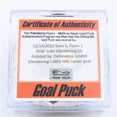 Luke Glendening - Dallas Stars - Goal Puck - November 13, 2022 vs. Philadelphia Flyers (Flyers Logo) 