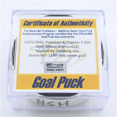 Mikael Granlund - Nashville Predators - Goal Puck - November 21, 2022 vs. Arizona Coyotes (Predators Logo) 