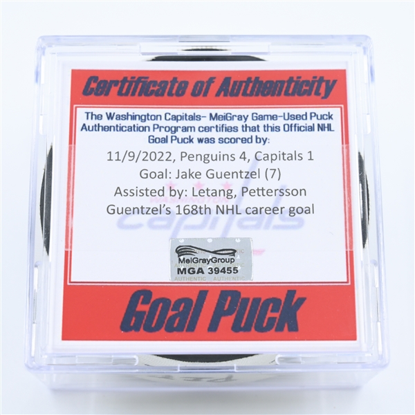 Jake Guentzel - Pittsburgh Penguins - Goal Puck - November 9, 2022 vs. Washington Capitals (Capitals Logo) 