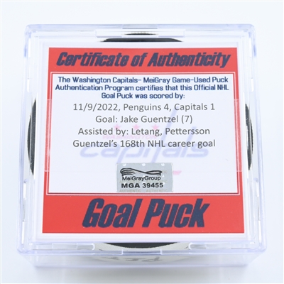 Jake Guentzel - Pittsburgh Penguins - Goal Puck - November 9, 2022 vs. Washington Capitals (Capitals Logo) 