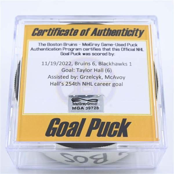 Taylor Hall - Boston Bruins - Goal Puck - November 19, 2022 vs. Chicago Blackhawks (Bruins Logo) 