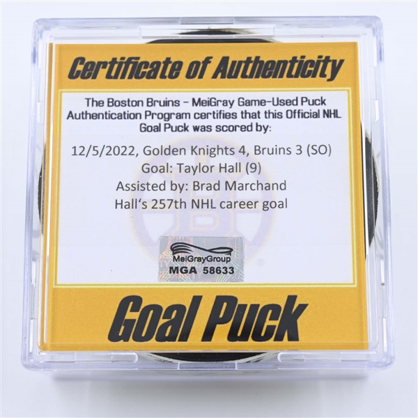 Taylor Hall - Boston Bruins - Goal Puck - December 5, 2022 vs. Vegas Golden Knights (Bruins Logo) 