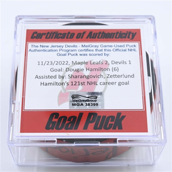 Dougie Hamilton - New Jersey Devils - Goal Puck - November 23, 2022 vs. Toronto Maple Leafs (Devils 40th Anniversary Logo) 