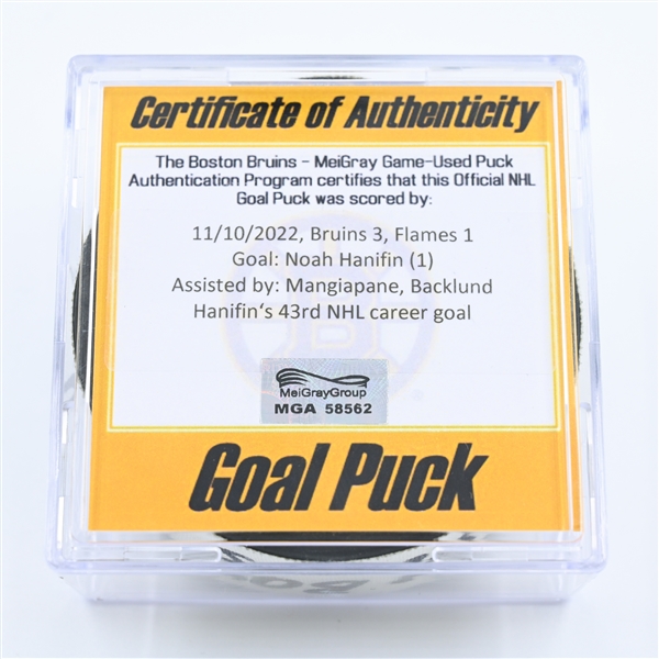 Noah Hanifin - Calgary Flames - Goal Puck - November 10, 2022 vs. Boston Bruins (Bruins Logo)