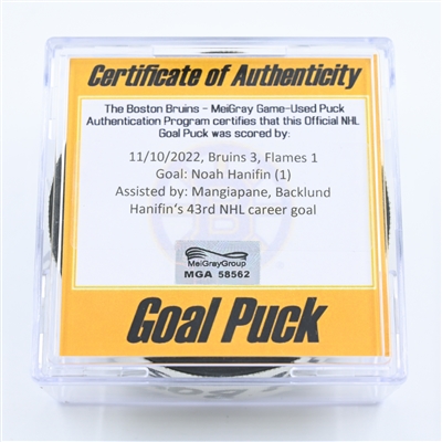 Noah Hanifin - Calgary Flames - Goal Puck - November 10, 2022 vs. Boston Bruins (Bruins Logo)