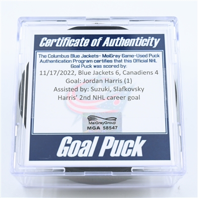 Jordan Harris - Montreal Canadiens - Goal Puck - November 17, 2022 vs. Columbus Blue Jackets (Blue Jackets Logo) 