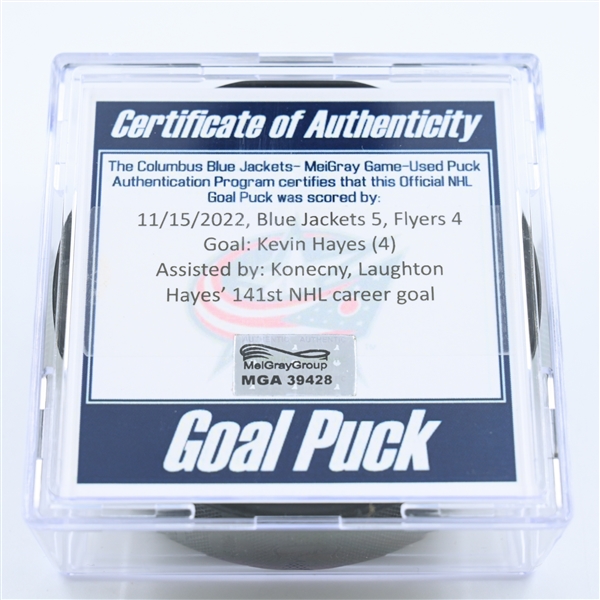 Kevin Hayes - Philadelphia Flyers - Goal Puck - November 15, 2022 vs. Columbus Blue Jackets (Blue Jackets Logo) 