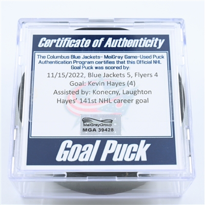 Kevin Hayes - Philadelphia Flyers - Goal Puck - November 15, 2022 vs. Columbus Blue Jackets (Blue Jackets Logo) 