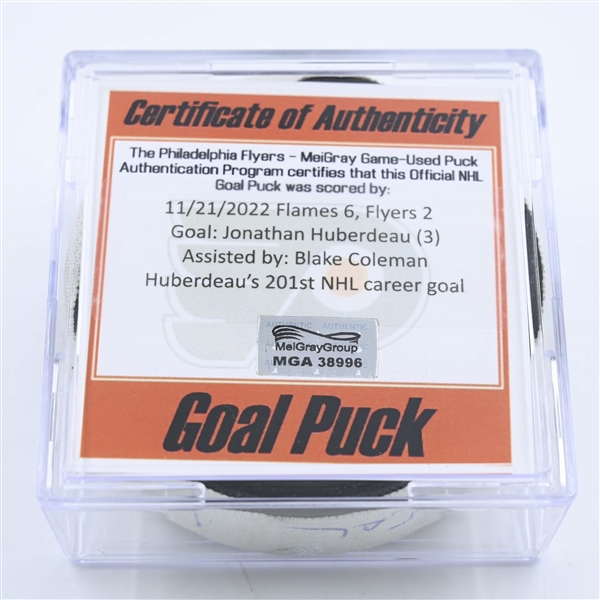 Jonathan Huberdeau - Calgary Flames - Goal Puck - November 21, 2022 vs. Philadelphia Flyers (Flyers Logo) 