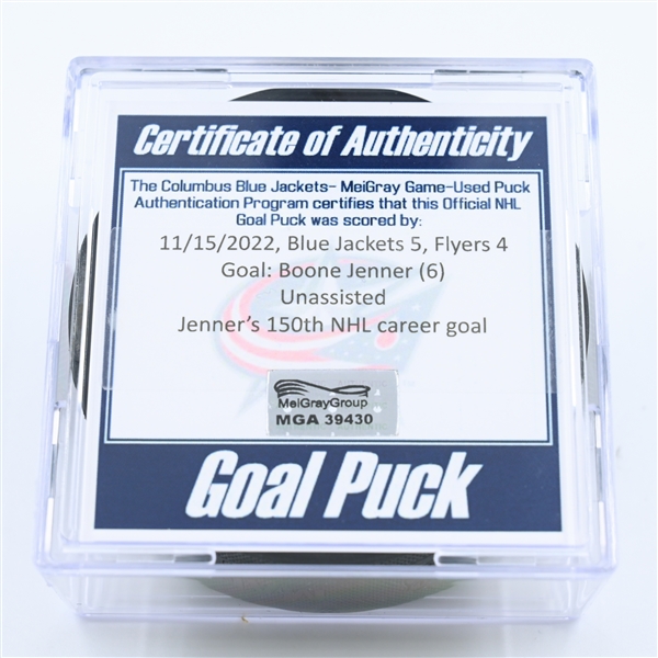 Boone Jenner - Columbus Blue Jackets - Goal Puck - November 15, 2022 vs. Philadelphia Flyers (Blue Jackets Logo) 